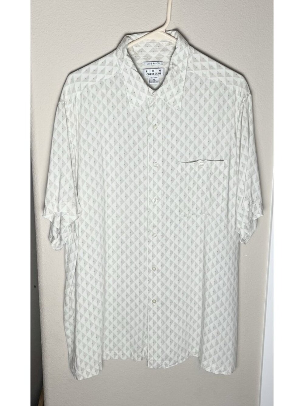 Vintage Ron Chereskin Luxe Rayon Shirt XL Gray Diamond Geometric Camp Button Up